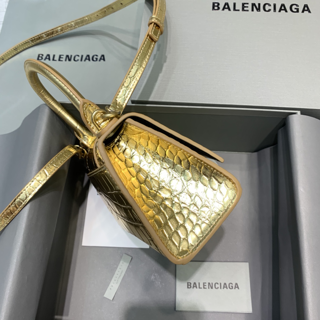 Balenciaga Hourglass XS Handbag Crocodile Embossed Shoulder Bag Gold